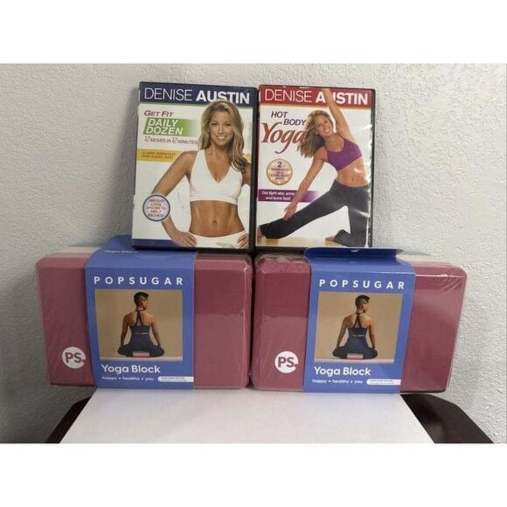Yoga Workout, Yoga Blocks Lot Denise Austin 2 Used DVD’s 2 New Yoga Blocks ￼